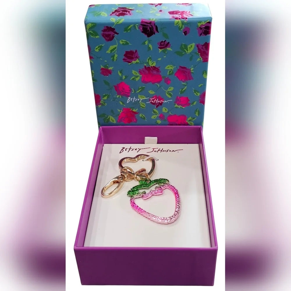 Betsey Johnson Pink & Green Glitter Strawberry Keychain Charm, New